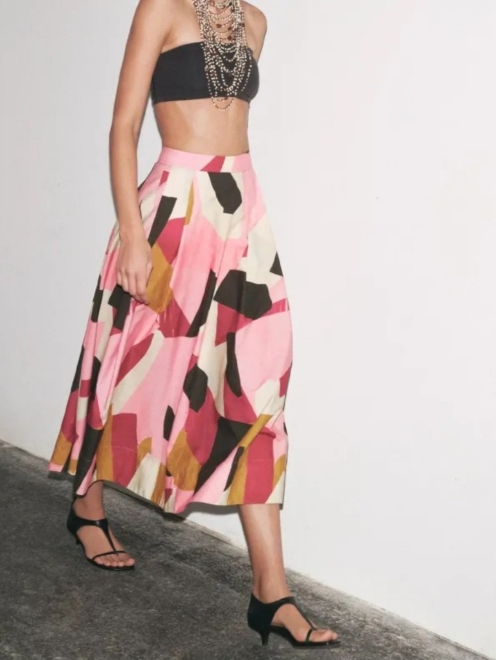 Zara-Geometric Print Cotton A-Line Midi Skirt Pockets-Medium